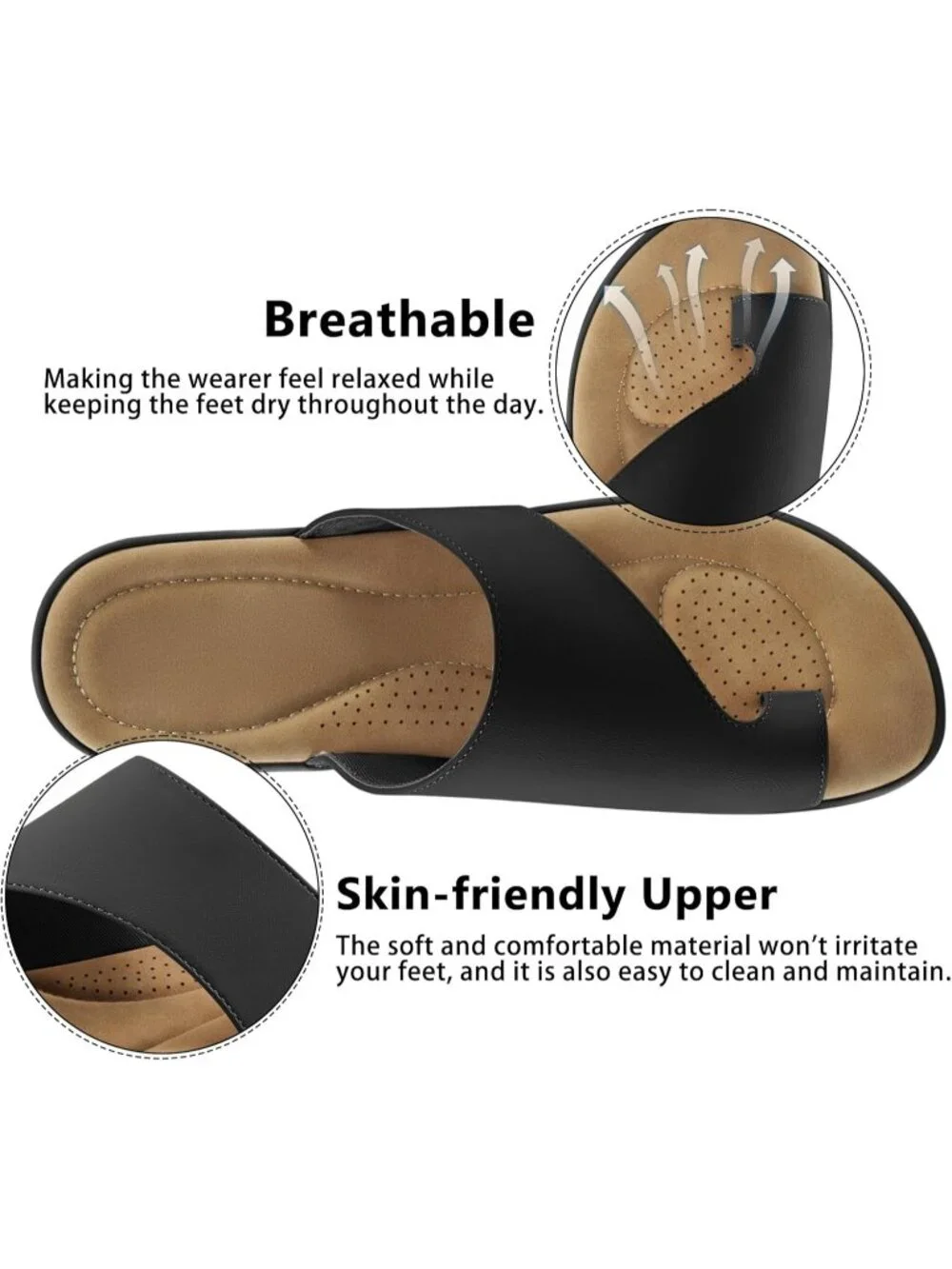 Women's Black Flat Sandals Comfortable Walking Dressy Slides Casual Shoes